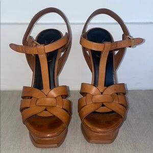 Tan YSL Tribute Platform Sandals